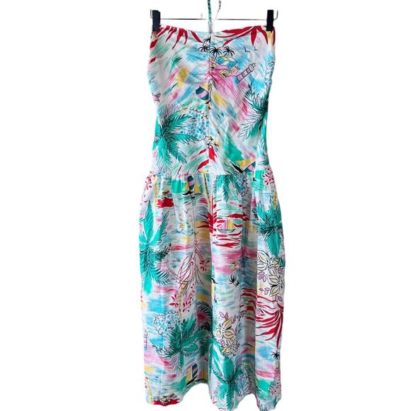 Vintage Dresses & Skirts - Vtg 80s Neiman Marcus Strapless Smocked Pin Up Tiki Dress Tropical Floral Size M